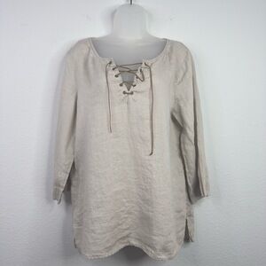 St. Tropez West Shirt Womens XL Grey Beige Linen Peasant Boho Vacation Neutral